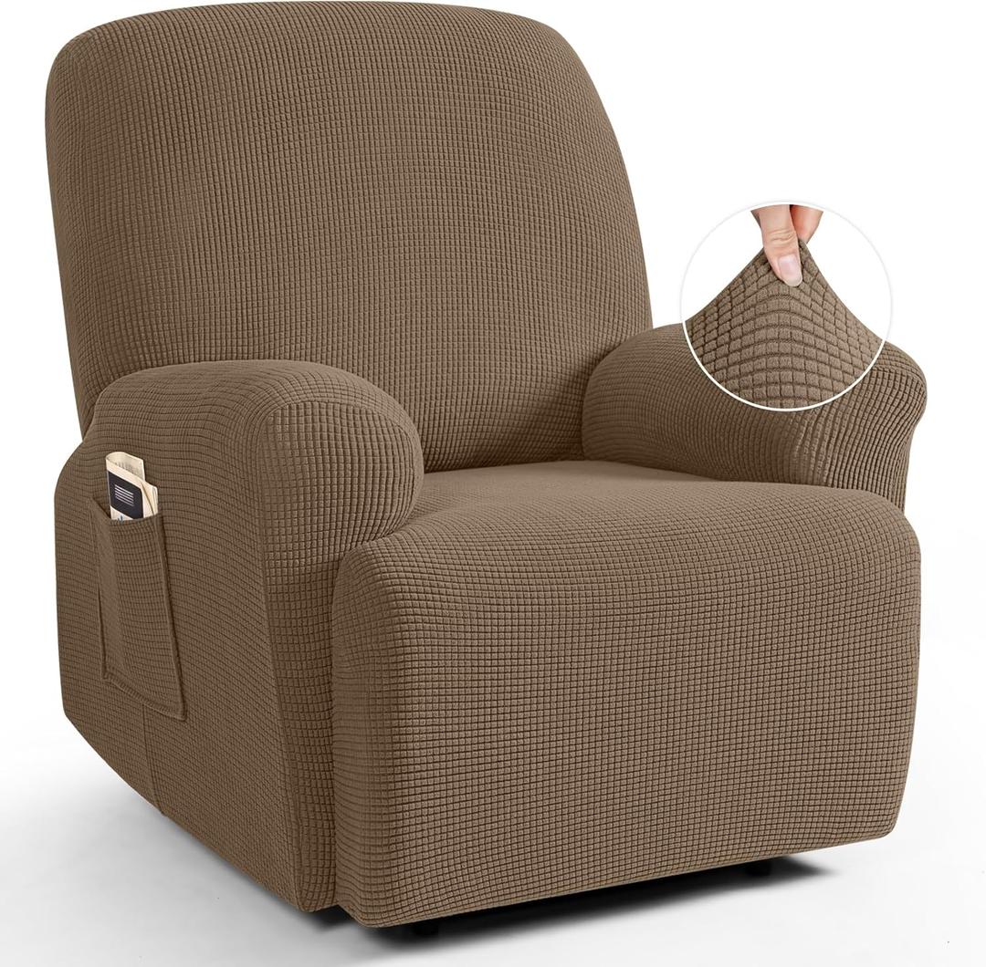 TAOCOCO Recliner Cover 4-Pieces, Recliner Stretch Sofa Slipcover, Recliner Cover 1 Seat, Couch Protector Soft, Furniture Protector Covers with Elastic, Chair Covers Jacquard Pattern (Khaki)