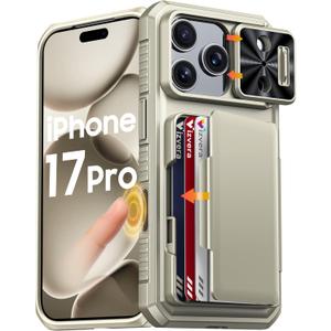 Vizvera for iPhone 17 Pro Case Wallet RFlD [Cards Holder][Camera Control][Camera Cover] Full Body Rugged Shockproof Silicone Protective Phone Case for iPhone 17 Pro(Natural Titanium)