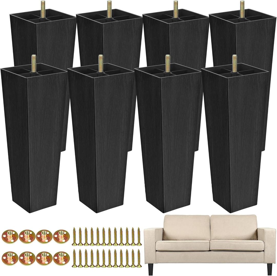 TURSTIN 8 Pack 8 Inch Furniture Legs Plastic Sofa Couch Legs Square Tapered Feet Sofa Legs with M8 T-Nuts Screws for Legs Sofas Chairs Cabinets Dressers Beds, Black