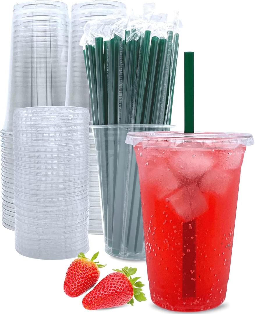 20 oz Clear Plastic Cups with Lids and Straws, Disposable Coffee Cups 25 Sets