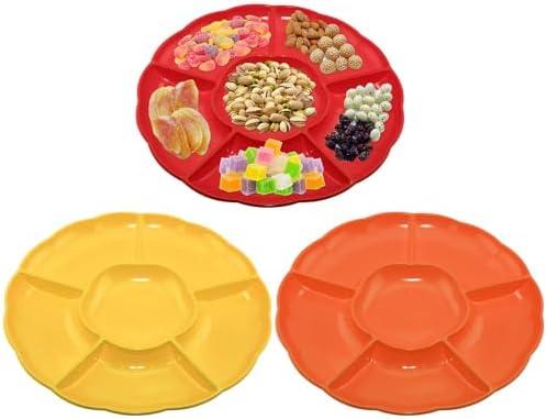 CAOXIAOXUYAO 12-Inch Round Plastic Serving Trays with 3 Pack,6 Sectional Snacks Serving Dish Food Platters for Nut Candy Veggie Fruit Thanksgiving (3, Yellow,Red,Orange) 2 Pack