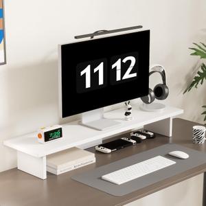 Monitor Stand Riser, Wood & Acrylic Computer Monitor Stand with LED Light, Desk Accessories Desktop Organizer Stand for Computer, Laptop, Printer, PC & TV Screen Riser  (All White)