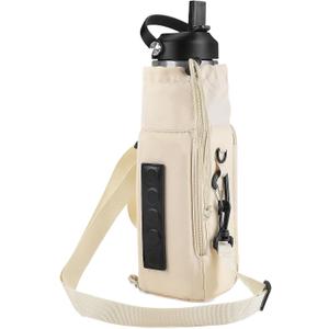 Gym Magnetic Water Bottle Holder with Adjustable Shoulder Strap and Phone Pocket,Holds 30/40oz Bottle Sleeve with Handle/Handleless,7 Card Pockets (White)