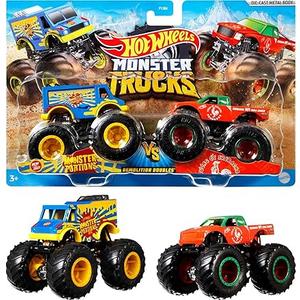 Hot Wheels Monster Trucks 2-Pack, Demolition Doubles Set of 2 Toy Vehicles in 1:64 Scale, for Kids & Collectors (Styles May Vary)