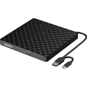 BENEWY External CD DVD Drive for Laptop, USB 3.0 USB C CD Burner DVD/CD ROM Drive Reader External DVD Drive DVD Player for Laptop Desktop PC Windows 11/10/8.1/7 MacBook Mac Linux OS Apple Black