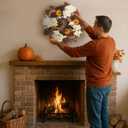 16 Inch Fall Hydrangea Wreaths for Front Door Artificial Autumn Pumpkin Chrysanthemum Wreaths for Thanksgiving Fall Harvest Outside Indoor Wall Window Decor