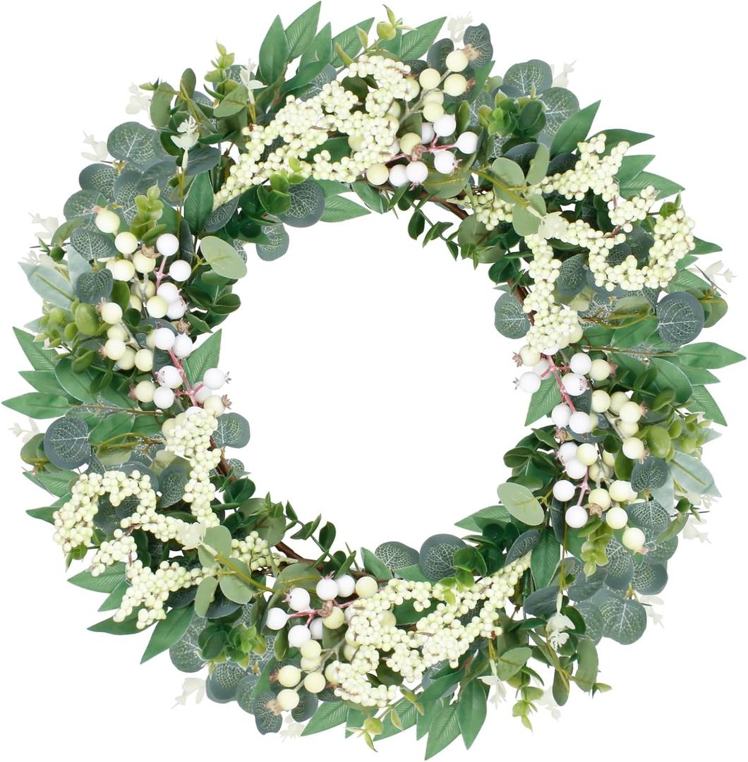 Eucalyptus Wreaths for Front Door, 18Inch Artificial Green Front Door Wreath Spring Summer Porch Decor with Berries for Home Farmhouse Wall Outdoor Decorations.