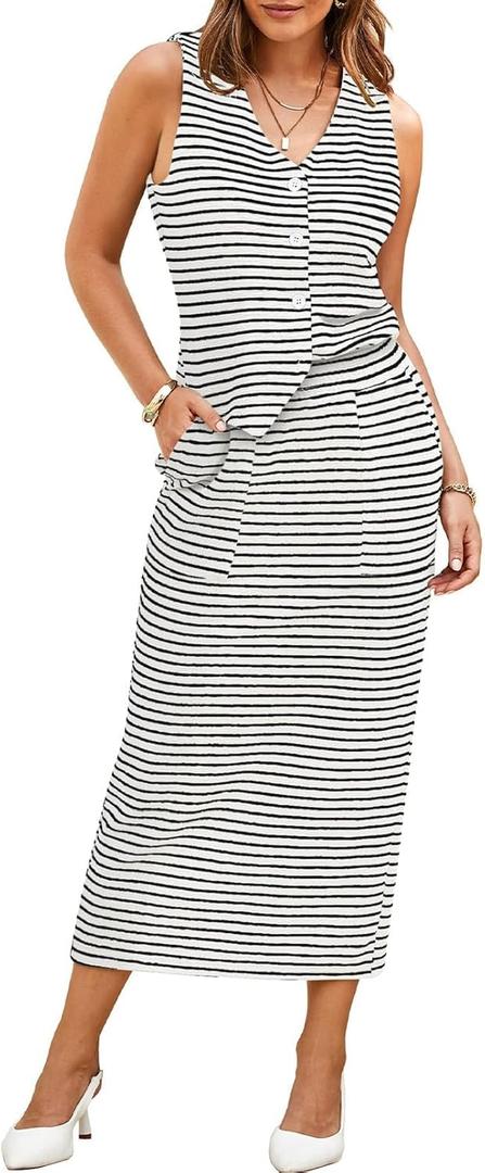 Pink Queen Women's 2 Piece Outfits Sleeveless V Neck Button Down Tank Tops Slit Midi Dress 2025 Striped Summer Skirt Sets (Medium)