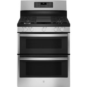 GE JGBS86SPSS 30" Free-Standing Gas Double Oven Convection Range 5 Sealed Burners, 6.8 Cu. Ft. Total Capacity, Dishwasher Safe Continuous Cast Iron Grates, Steam Clean