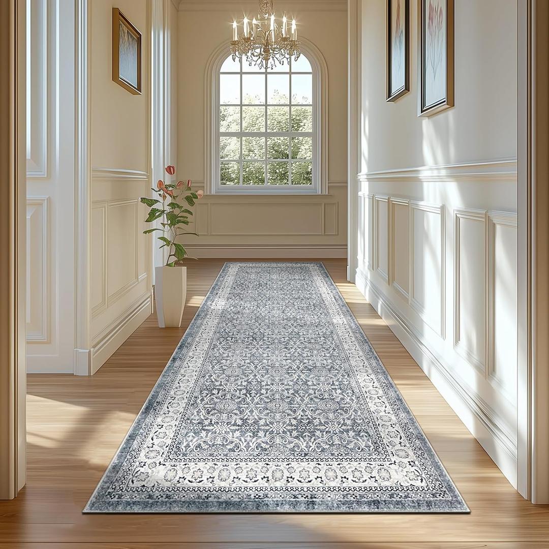 jinchan Hallway Runner Rug 3x10 - Machine Washable Grey Vintage Floral Distressed Design Soft Non-Slip Low-Pile Ultra-Thin Runner Rug for Kitchen Laundry Room Bedroom Farmhouse (3x10',Grey)