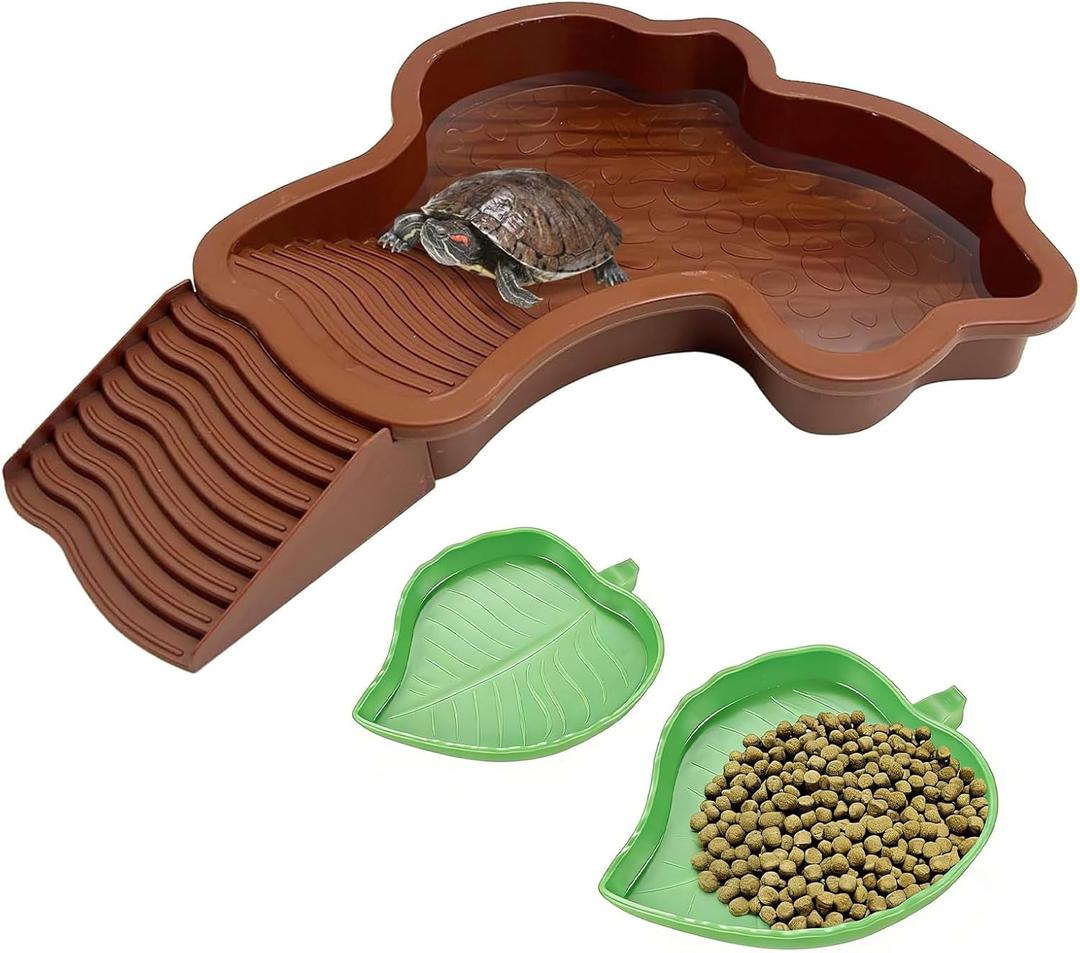 3 PCS Tortoise Water Dish Reptile Bathing Pool with Removable Ramp and Leaf Reptile Food Dish & Water Bowl Tortoise Habitat Accessories for Turtle, Gecko, Snake, Bearded Dragon, Lizard