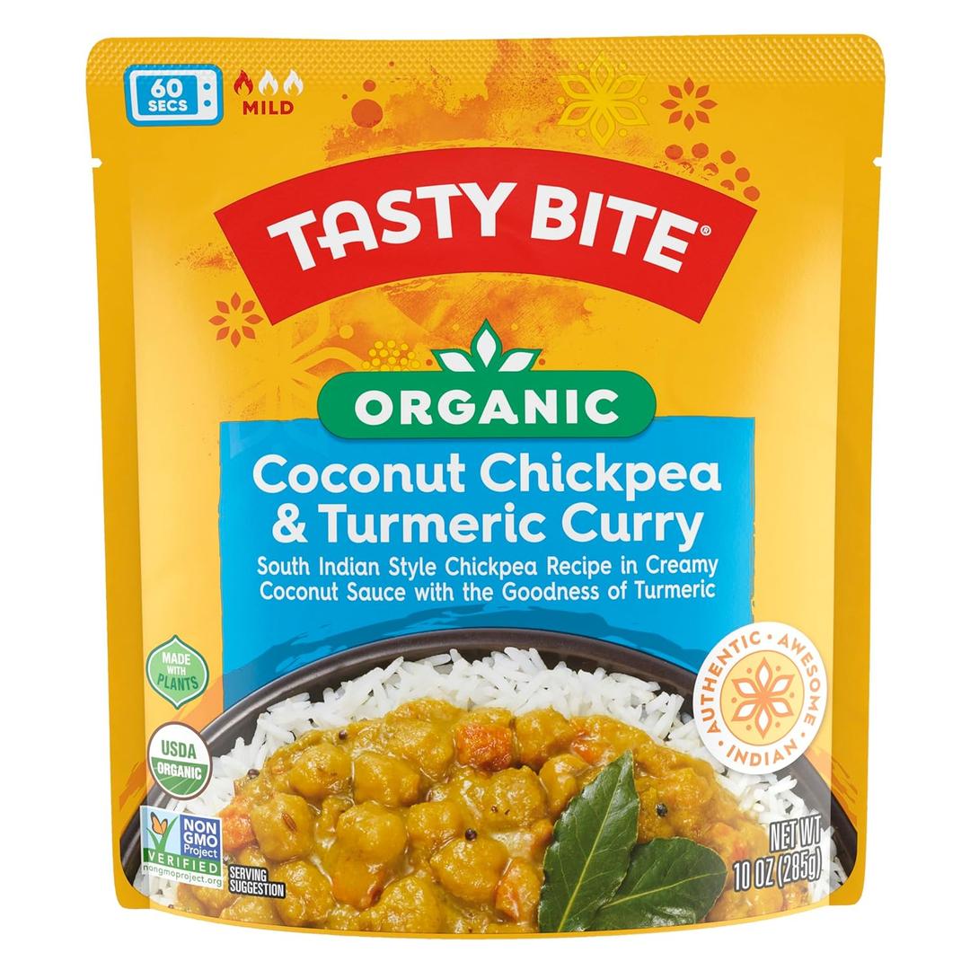 Tasty Bite Organic Coconut Chickpea & Turmeric Curry, and Bombay Potatoes, Best Before Dates:  August 31.2026, May 31.2026 