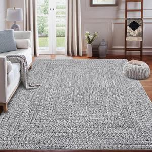8x10 Area Rug - Machine Washable, Stain Resistant, Non-Slip, Indoor Accent Rug for Living Room, Farmhouse Solid Printed Textured Floor Cover, Grey