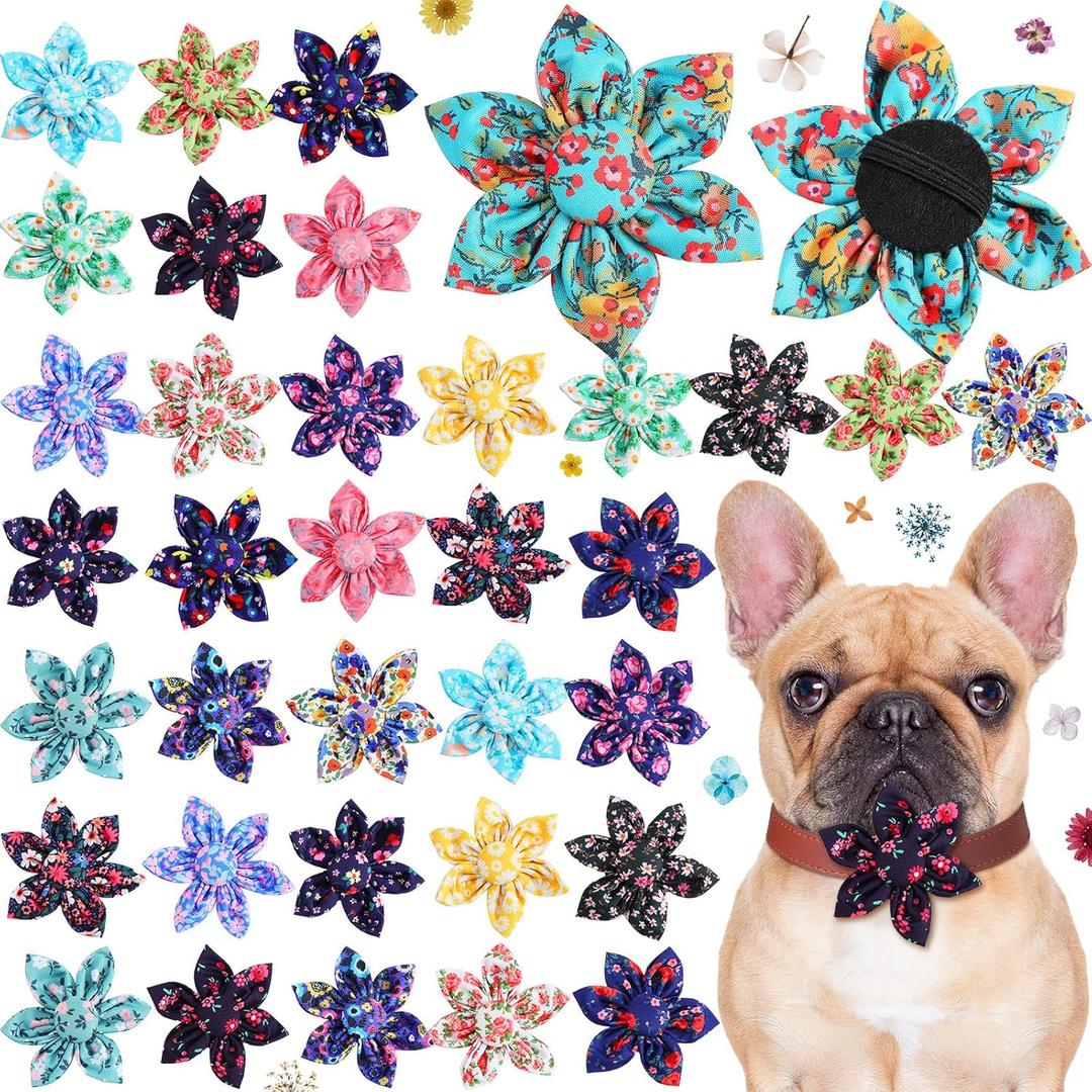 Sanwuta 36 Pieces Dog Collar Flower Adjustable Dog Bow Tie Collar Multicolor Charms Pet Grooming Accessories Flower Fall Attachment for Small Medium Large Puppy Cats Pet
