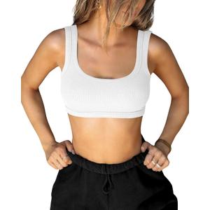 XUNYU Square Neck Tank Top for Women Ribbed Padded Crop Top with Built in Bra U Back Sexy Going Out Tops Basic Casual Summer (White) M