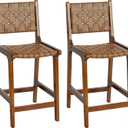 CangLong Bar Stool Set of 2, Counter Stool with PU Leather Woven Straps Seat & Back, Wooden Frame Bar Chair 24" Seat Height for Kitchen Island & Pub, Walnut+Brown