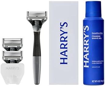 Harry's Original Shaving Kit for Men - Razor Handle, 3 Razor Blade Refills, Foaming Shave Gel, and Travel Blade Cover - German Engineered - Charcoal