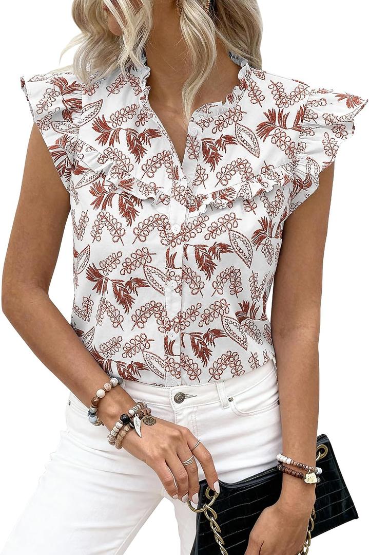 dowerme Womens Spring Tops 2026 Cute Ruffle Cap Sleeve V Neck Floral Boho Blouses Button Down Work Shirts Summer Outfits (White)