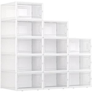 Trdongxu X-Large Plastic Clear Shoe Storage Boxes Stackable 12 Pack Fit Size 11, Shoe Rack & Holder Substitute, Sneaker Containers, Toy Storage Organizer for Entryway, Closet, Under Bed (White)