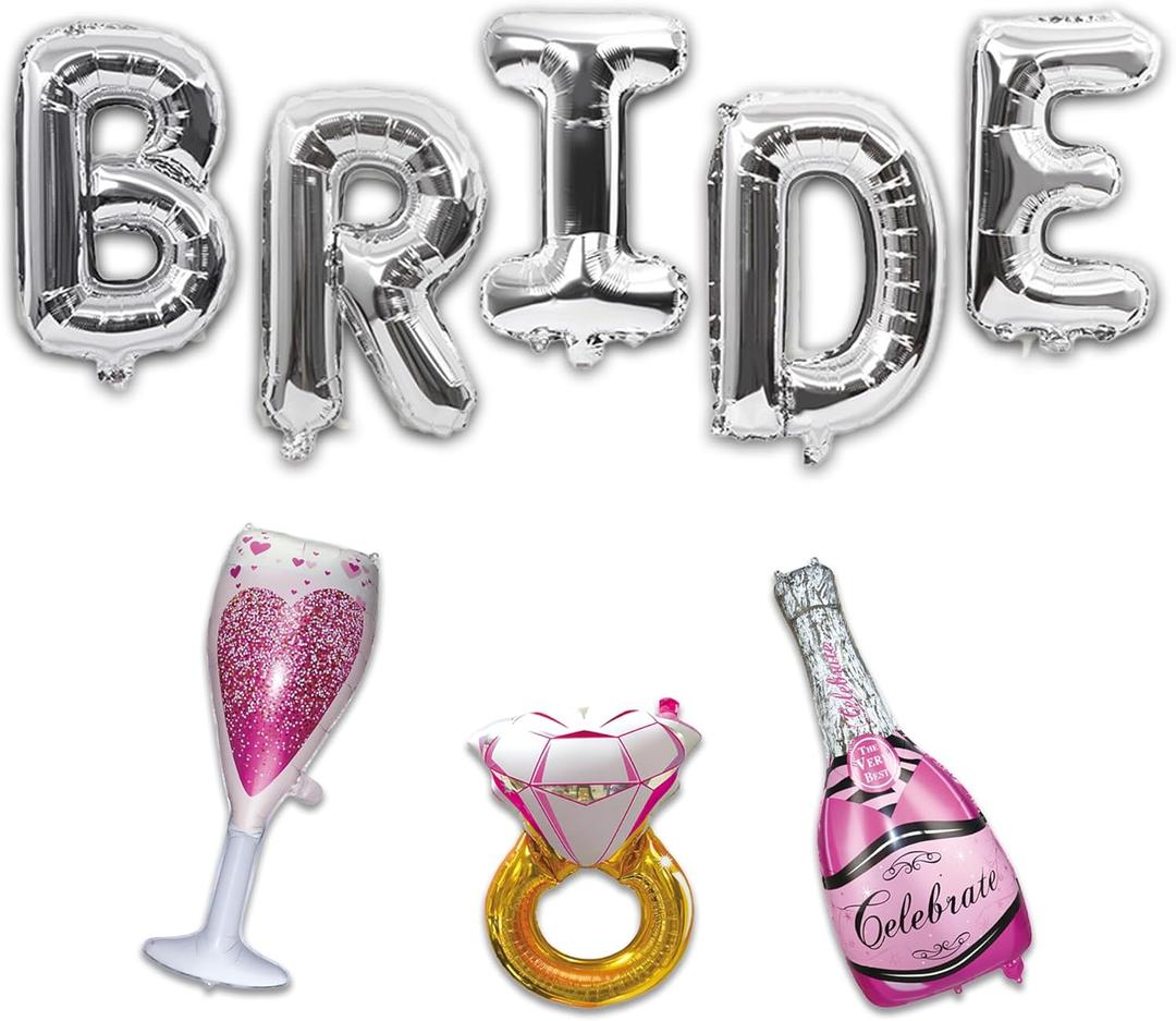 Wedding Balloon Set - 40 Inch Silvery Bride Balloons, Pink Champagne, Rose Gold Ring, Pink Wine Glass - Party Decorations