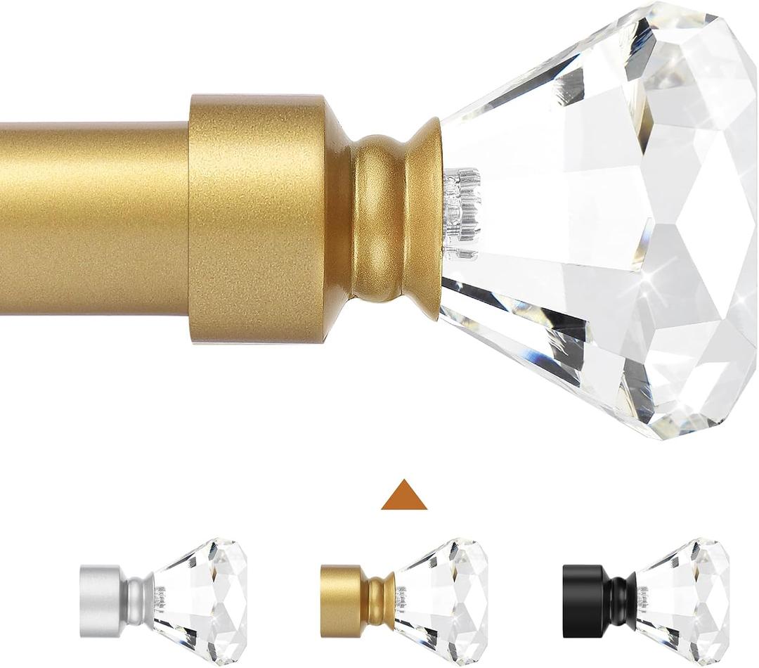 Knobelite Gold 1 Pack Window Treatment Single Curtain Rods, Adjustable Curtain Rod from 48 to 86 Inches with Crystal Finial Finials(4-7.2ft), 1-Inch Curtain Rods for Windows