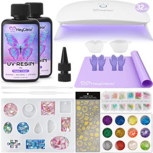 HeyClear UV Resin Kit 200g with Upgraded Large UV Light, Molds and Casting Tools -Super Clear, Hard, Premixed and Fast Curing UV Glue for Coating, Jewelry Making, DIY Craft Decorations