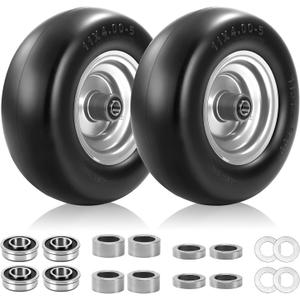 2 PCS 11x4.00-5 Flat Free Tires and Wheel, 11x4-5 Smooth Tire with Solid Polyurethane, 3.4"-4.8" Centered Hub, 3/4"& Extra 5/8" Bearings,11x4.00-5 Tire Zero Turn Mowers and Riding Lawn Mower, 350lbs