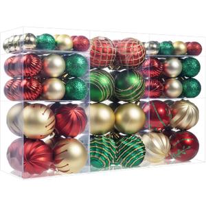 SY CRAFT 86 Pieces of Assorted Shatterproof Christmas Ball Snowflake Ornaments Seasonal Decorative Hanging Ornament Set with Hand-held Gift Package for Xmas Tree Decorations 
(Gold & Red & Green)