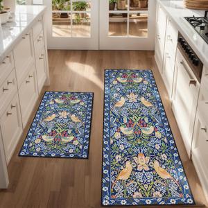 Brevoscht Vintage Boho Floral Bird Kitchen Mat Set of 2, Blue Kitchen Rugs and Mats Non Slip Washable, Home Decor Low-Profile Kitchen Floor Mat (17x30+17''x47'')