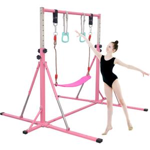 Foldable Gymnastics Bar,5FT Horizontal bar,Adjustable Kids Training bar for Kids Ages 3-15,Kids Gymnastics bar,Triangle Stable Structure-Gym Equipment for Home (Pink)