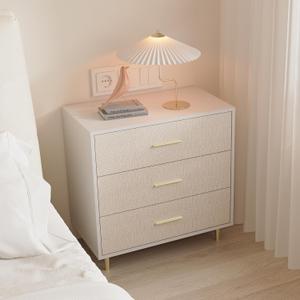 GarveeHome 3 Drawer Dresser with Gold Handles and Legs, Modern White Chest of Drawers, Wooden Nightstand with Linen-Textured Surface, Narrow Accent Cabinet End Table for Living Room, Bedroom