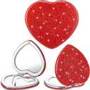 4 Pcs Heart Compact Folding Mirror Mini Vanity Mirror Double Sided Cute Glitter Cosmetic Graduation Gift Heart Shaped Portable Travel Magnifying Makeup Supplies for Women Mom Home(Red)
