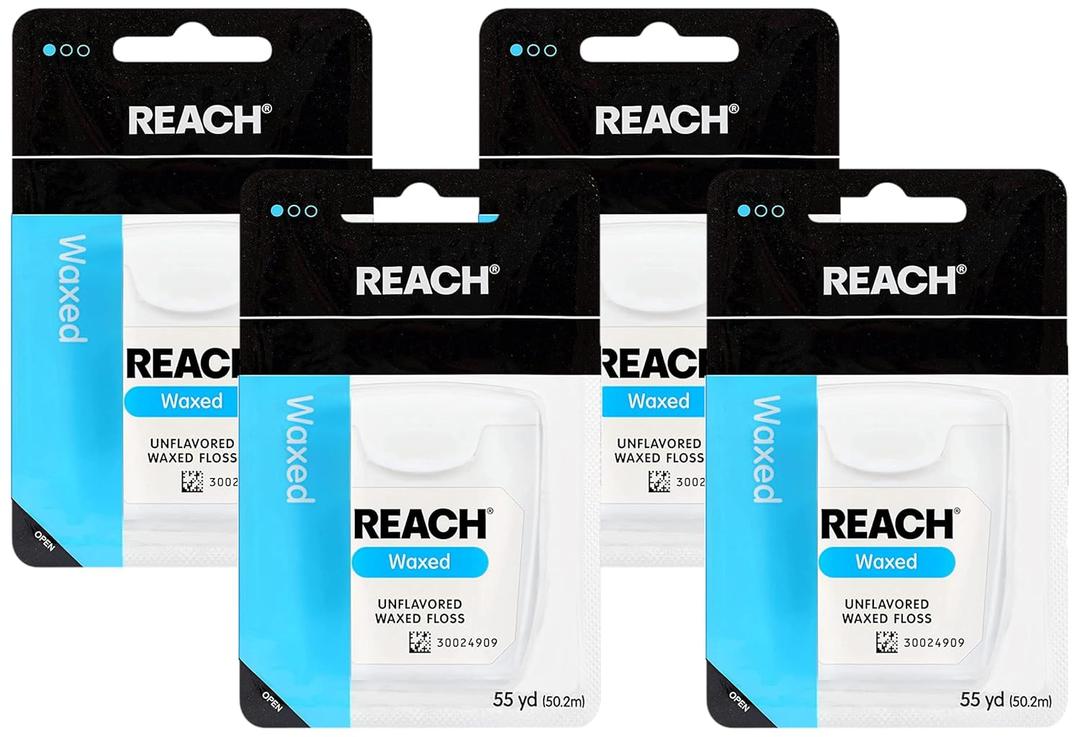 REACH Waxed Dental Floss,Unflavored, Plaque Remover for Teeth, Shred Resistant, Floss Slide Smoothly, Easy to Use, Waxed, Deep Cleaning Teeth, Oral Care, PFAS Free for Adults & Kids, 55 yd (Pack of 4)