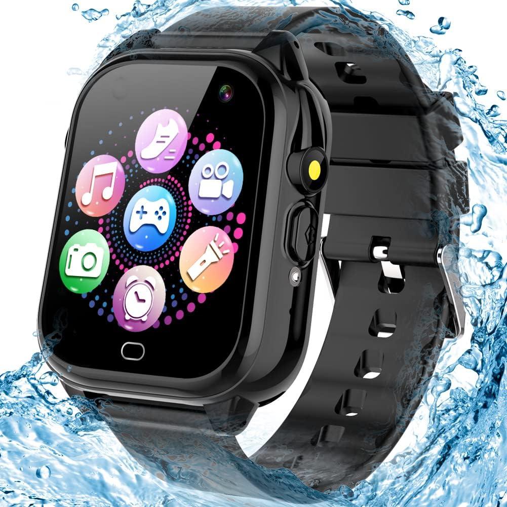 Kids Waterproof Game Watch Learning Toys with 26 Game HD Camera 1.44'' Touchscreen Pedometer Video Music Player Alarm Clock Calculator Smart Watch for Girls Boys 3-12 Years Old (Black)