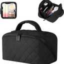 Makeup Bag for Women, Wide Open Lay-Flat Water-Resistant Cosmetic Case, Festivalment Makeup Bag, Spacious 180 Open Cosmetic Organizer for Toiletries & Brushes Large Capacity with Compartments (Black)