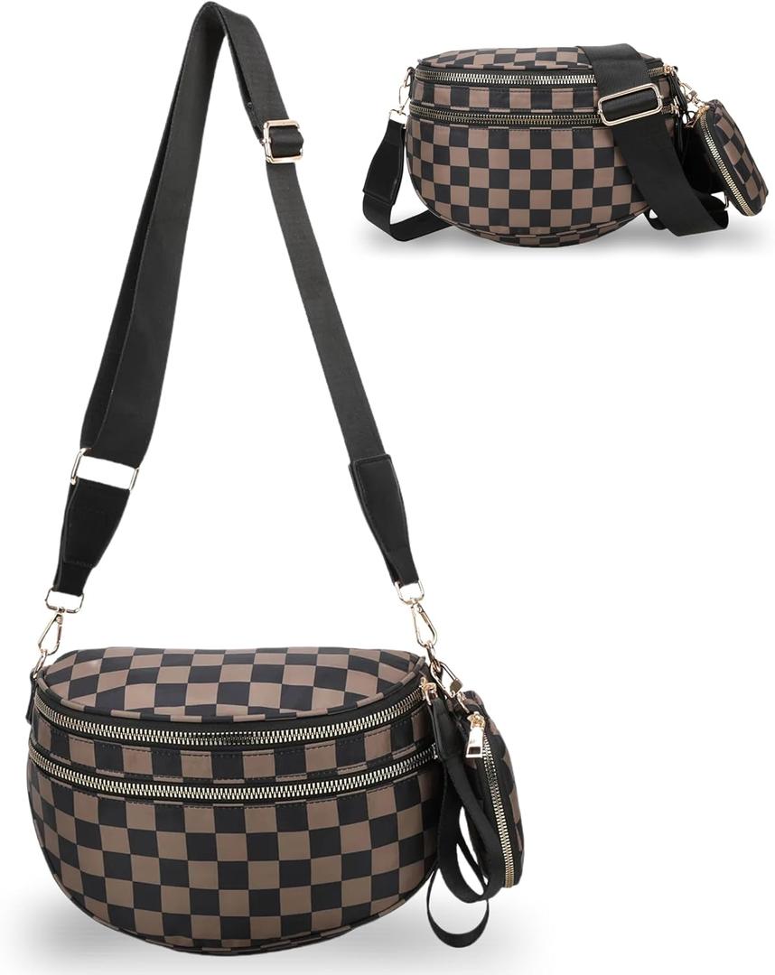 Checkered Crossbody Bum Bags for Women, Nylon Sling Bags with Shoulder Strap, Large Capacity Checkered Purse Bag (Brown)