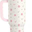 SANDJEST Floral 40oz Tumbler with Handle and Straw  Flowers Insulated Stainless Steel Travel Coffee Mug for Women Girls - Gift Idea for Birthday Christmas Mothers Day