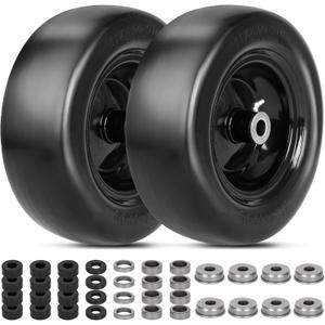 2 PCS 11x4.00-5" Lawn Mower Tires Flat Free,3/4" 5/8" 1/2" Bushing,3.4"-4"-4.5"-5" Centered Hub,Universal Fit Smooth Tread Tire for Zero Turn Lawn Mowers, with Universal Adapter Kit(Blcak Rim)