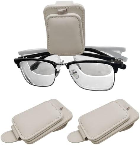 JYMAOYI 2 Pack Leather Car Sunglass Holder, Magnetic Leather Glasses Eyeglass Hanger Clip for Car, Sunglass Clip Glasses Holder for Car Visor-Beige