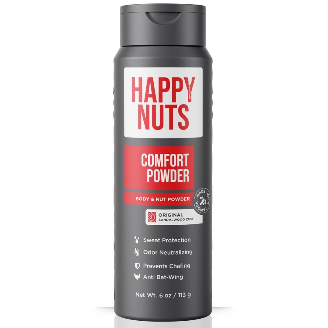 HAPPY NUTS Comfort Powder Deodorant For Men: Anti-Chafing Sweat Defense, Odor Control, Aluminum-Free, Perfect Stocking Stuffer Gift for Men's Private Parts 6 oz (1 Pack), Original Scent