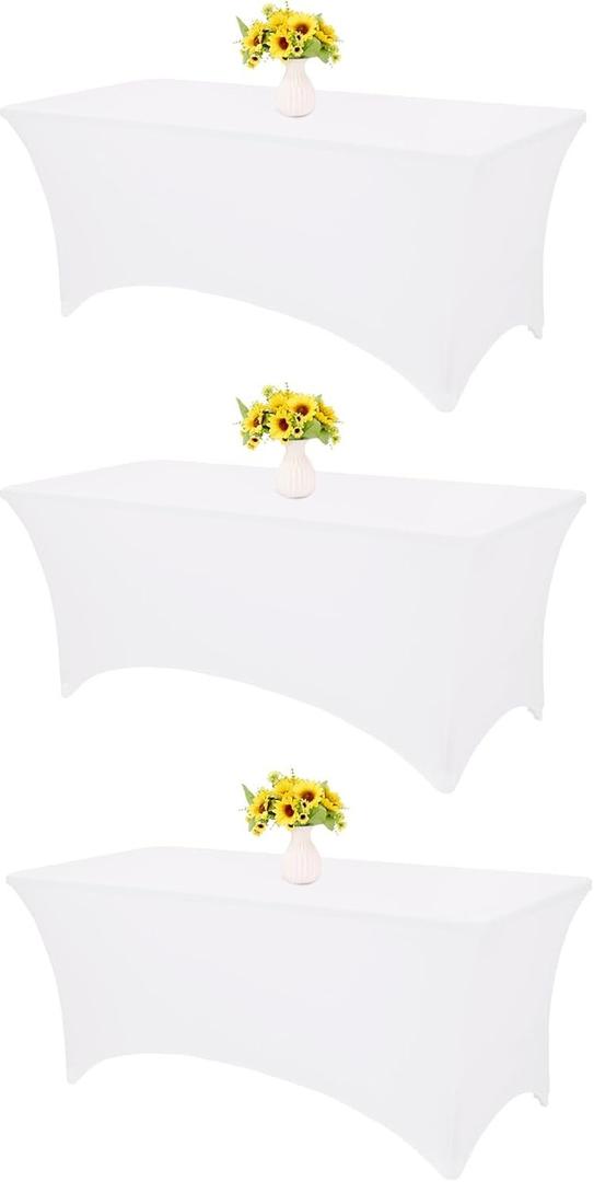 HAISIWLKJ 3 Pack Table Cloth 8ft White Tablecloths for Rectangle Folding Table Spandex Fitted Stretch Cover Wrinkle Resistant Washable Protector for Party, Wedding, Banquet, Festival