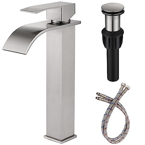 Rumose Vessel Sink Bathroom Faucet, Brushed Nickel Single Hole Waterfall Sink Faucets with Supply Hose and Pop Up Drain, Tall Waterfall Faucet for Bathroom Sink, JXM1221BN