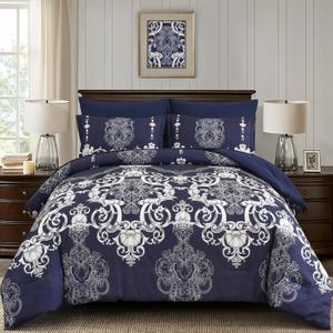 Mybedsoul 7 Pieces Navy Blue Comforter Set King Size, Damask Bed in a Bag for King Bed, Lightweight Microfiber Boho Bedding Sets with Comforter, Sheet, Pillowcases & Shams for All Season(90"x104")