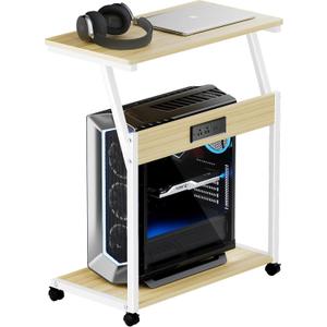 FANXIYQ Computer Tower Stand with Charging Station, Adjustable Height PC Tower Stand for Floor & Carpet, Rolling CPU Holder Cart with Top Shelf, Under Desk PC Cart, White