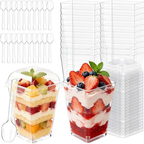 100 Pack 5oz Plastic Dessert Cups with Lids and Spoons, Mini Clear Yogurt Parfait Cups, Small Dessert Shooter Serving Cups, Square Appetizer Cups for Fruit Pudding Ice Cream Tasting Party Supplies