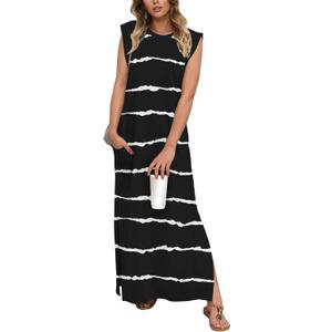 GRECERELLE 2025 Women Summer Casual Round Neck Cap Sleeve Maxi Dress with Pockets Beach Vacation Sundress (Small, Black White Wave)
