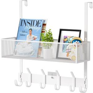 LUCYCAZ Over The Door Hooks Organizer, Door Hanger Storage with Coat Hooks Wreath Hanger & Mesh Basket, Over The Door Towel Rack Door Organizer for Bathroom,Bedroom,Kitchen (White), OVTD01