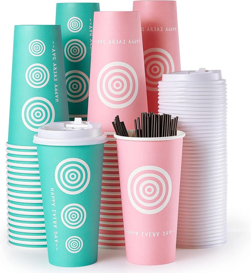 JollyPack 20 oz 100 Pack Paper Coffee Cups with Lids and Stirrers in Pink and Green. Great for Coffee, Juice, Tea, Home Use, Store and Cafe