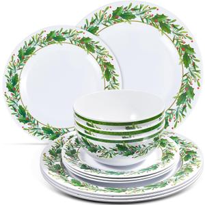 30 Pcs Christmas Melamine Dinnerware Set, 10 Pcs 11" Dinner Plates, 8" Plates, 6" Soup Bowls, Holly Leaf Christmas Dishes Gift for Home, Xmas Party, Festive, Holiday, Dining, Celebrations
