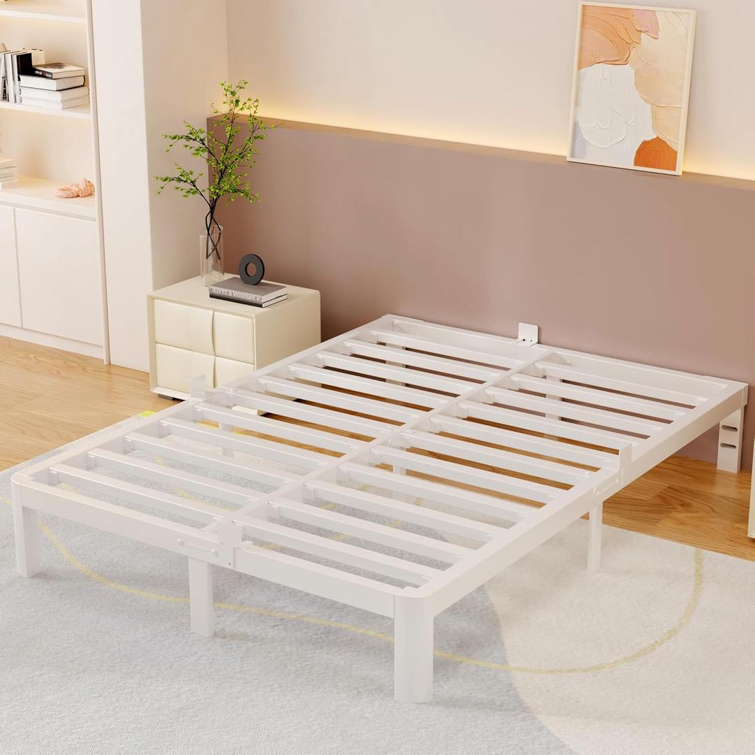 10 Inch King Size Bed Frame with Metal Baffles, White King Bed Frame No Box Spring Needed, Heavy Duty Steel Platform Support, Storage Space, Reserved Holes, Round Corner Legs, Noiseless